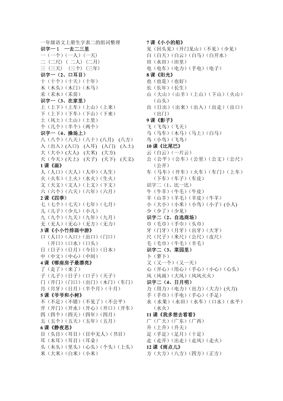 人教版一年级生字表二的组词整理_第1页