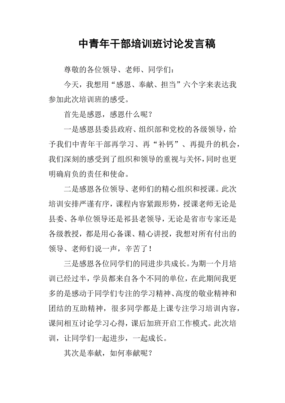 中青年干部培训班讨论发言稿_第1页