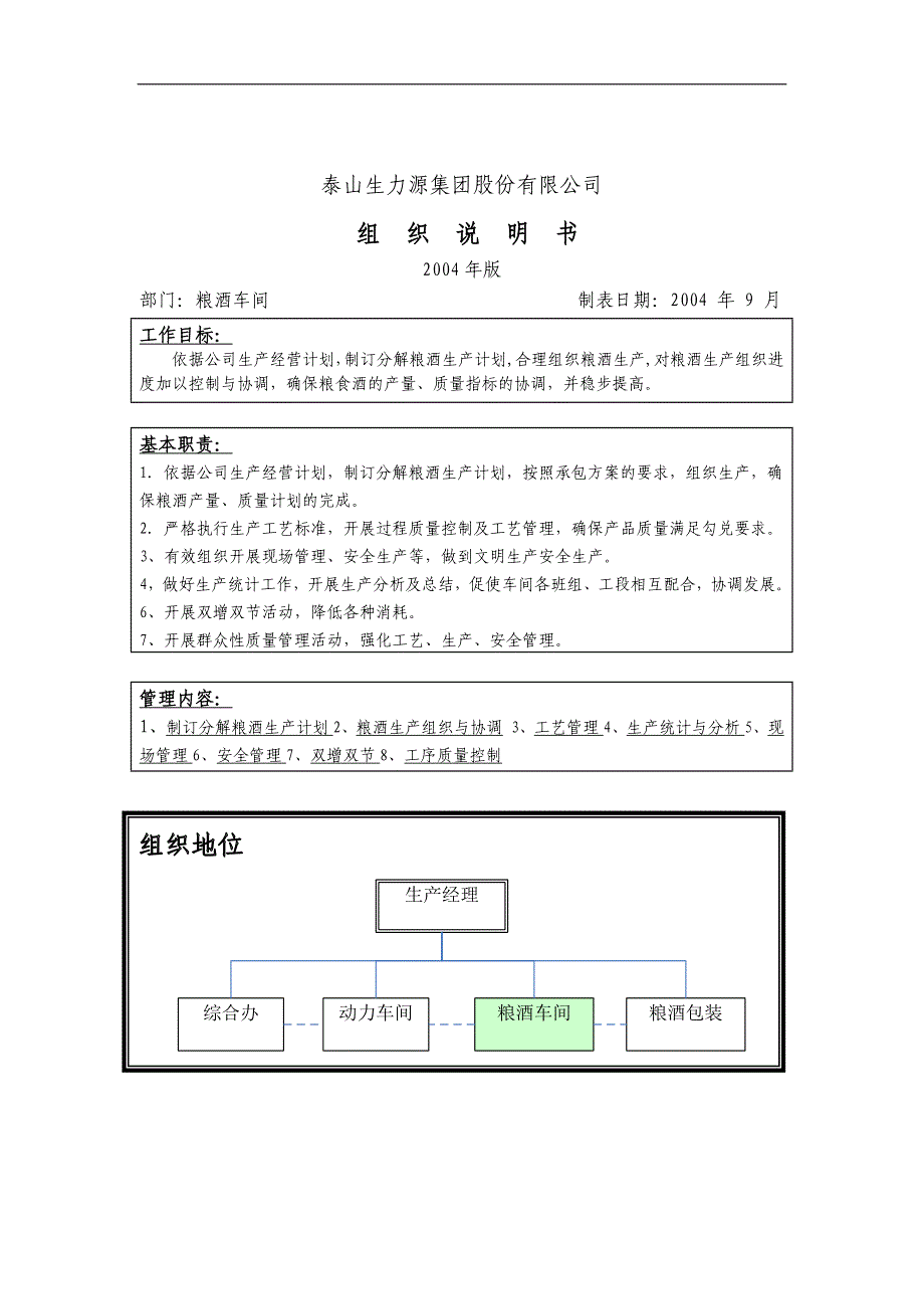 泰山生力源集团股份有限公司粮酒车间组织说明书_第1页