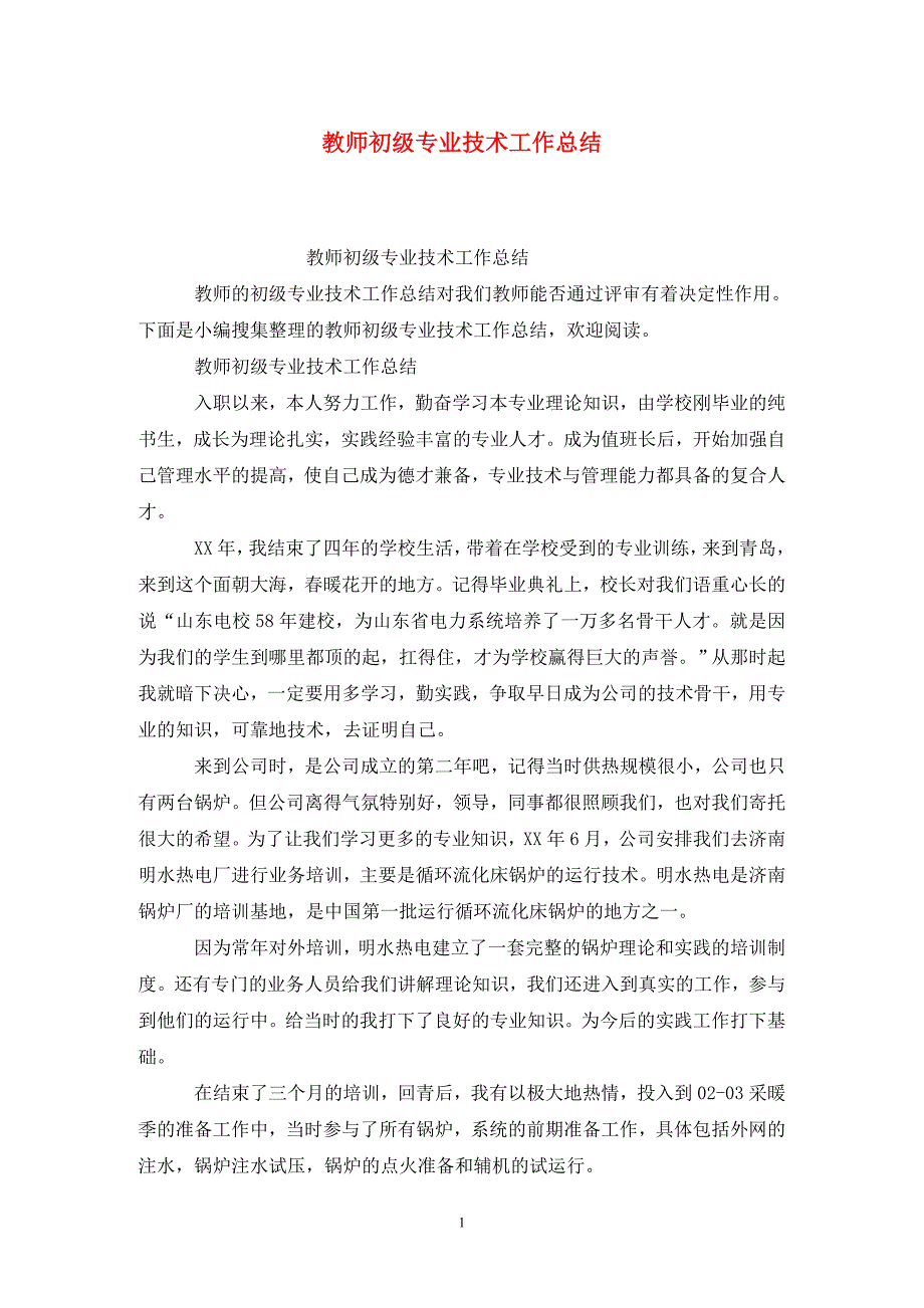 教师初级专业技术工作总结_第1页