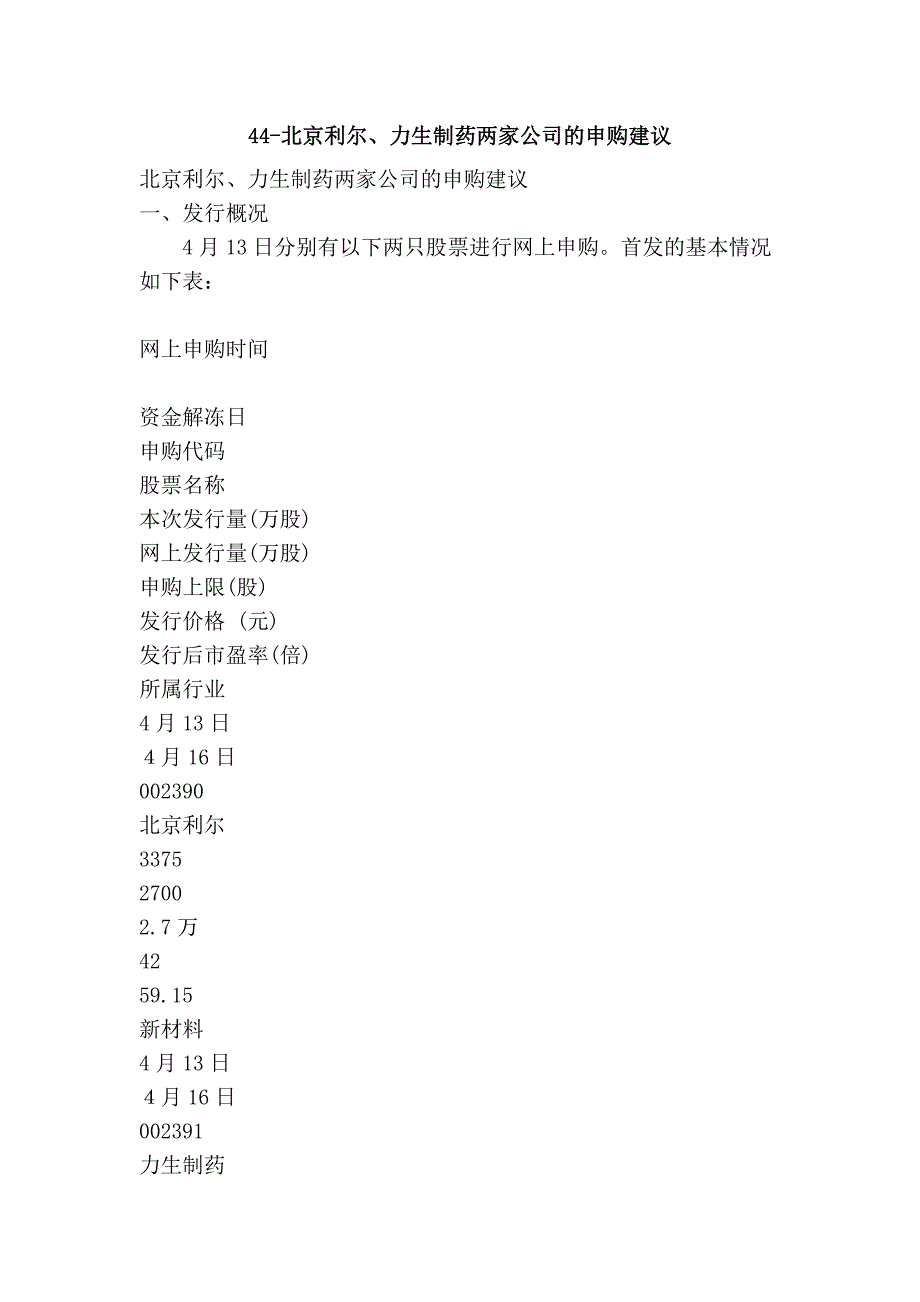 44-北京利尔、力生制药两家公司的申购建议.doc_第1页