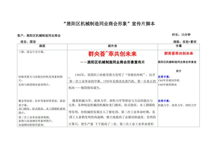 旌阳区机械制造同业商会形象宣传片脚本_第1页