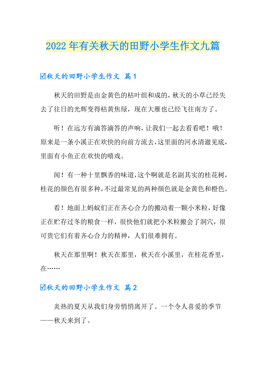 2022年有关天的田野小学生作文九篇_第1页
