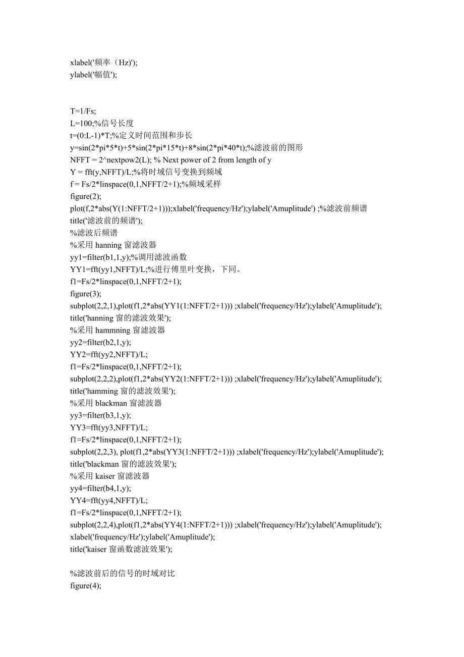 完整word版-MATLAB窗函数法实现FIR的高通-带通和低通滤波器的程序要点.doc_第5页
