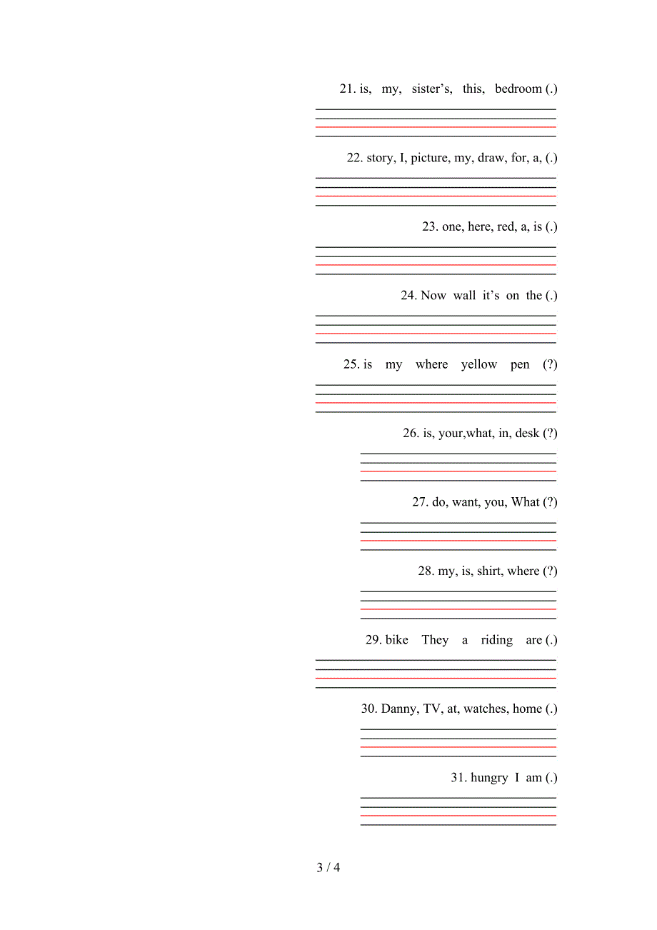 四年级沪教版英语下册连词成句周末专项练习_第3页