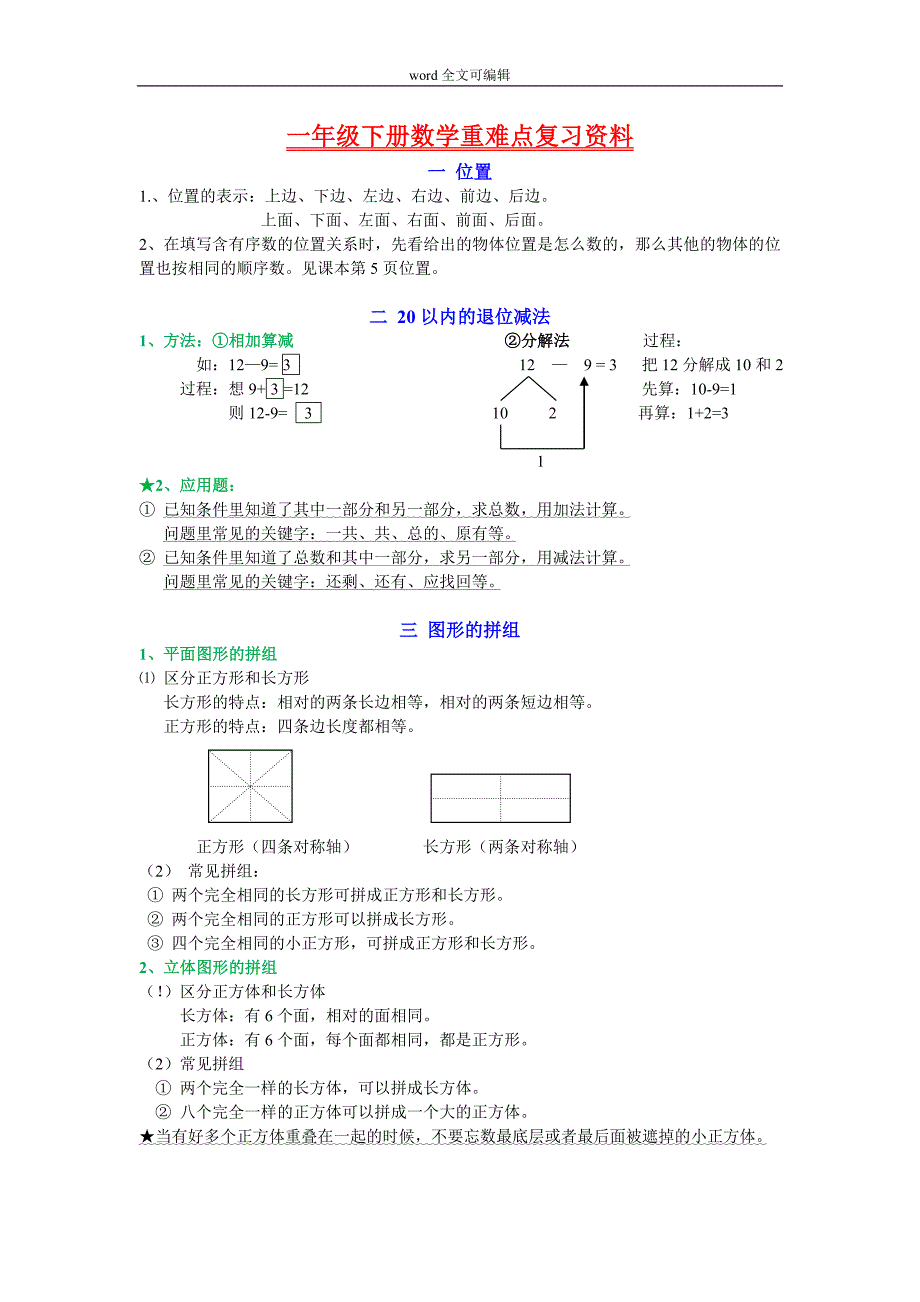 部编一年级下册数学重难点知识归纳复习各单元总结_第1页