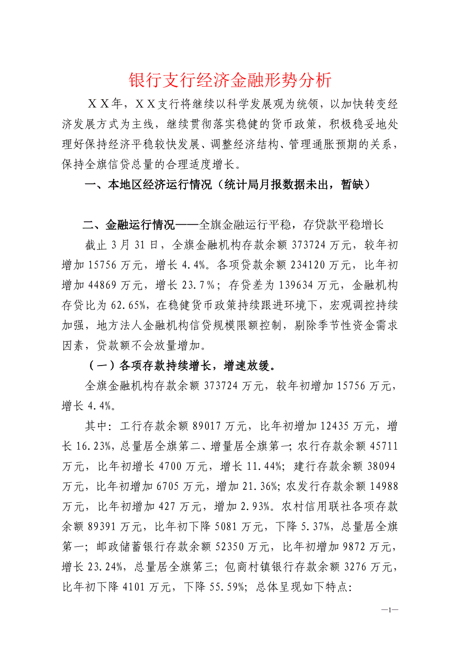 银行支行经济金融形势分析_第1页