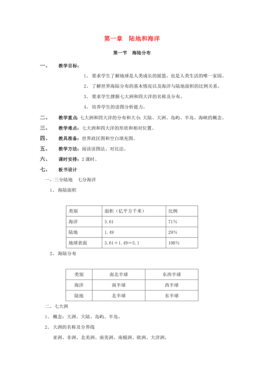 八年级物理上册 第一章 陆地和海洋教案 中图版_第1页