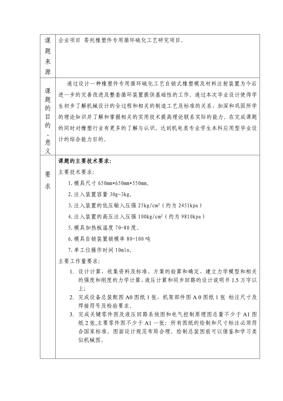 橡塑件专用循环硫化工艺自锁式橡塑模及材料注射装置的设计任务书_第2页