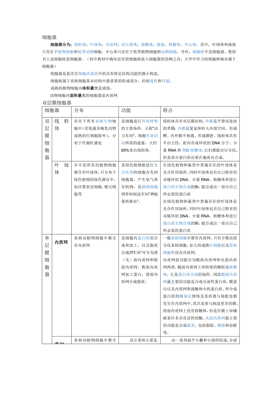 细胞器主要功能要点表格_第1页