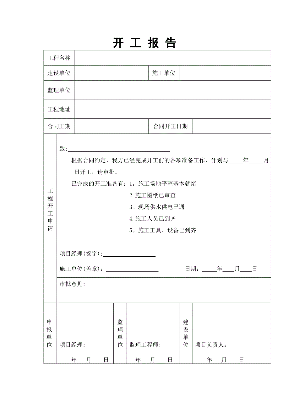 工程开工报告表格_第1页