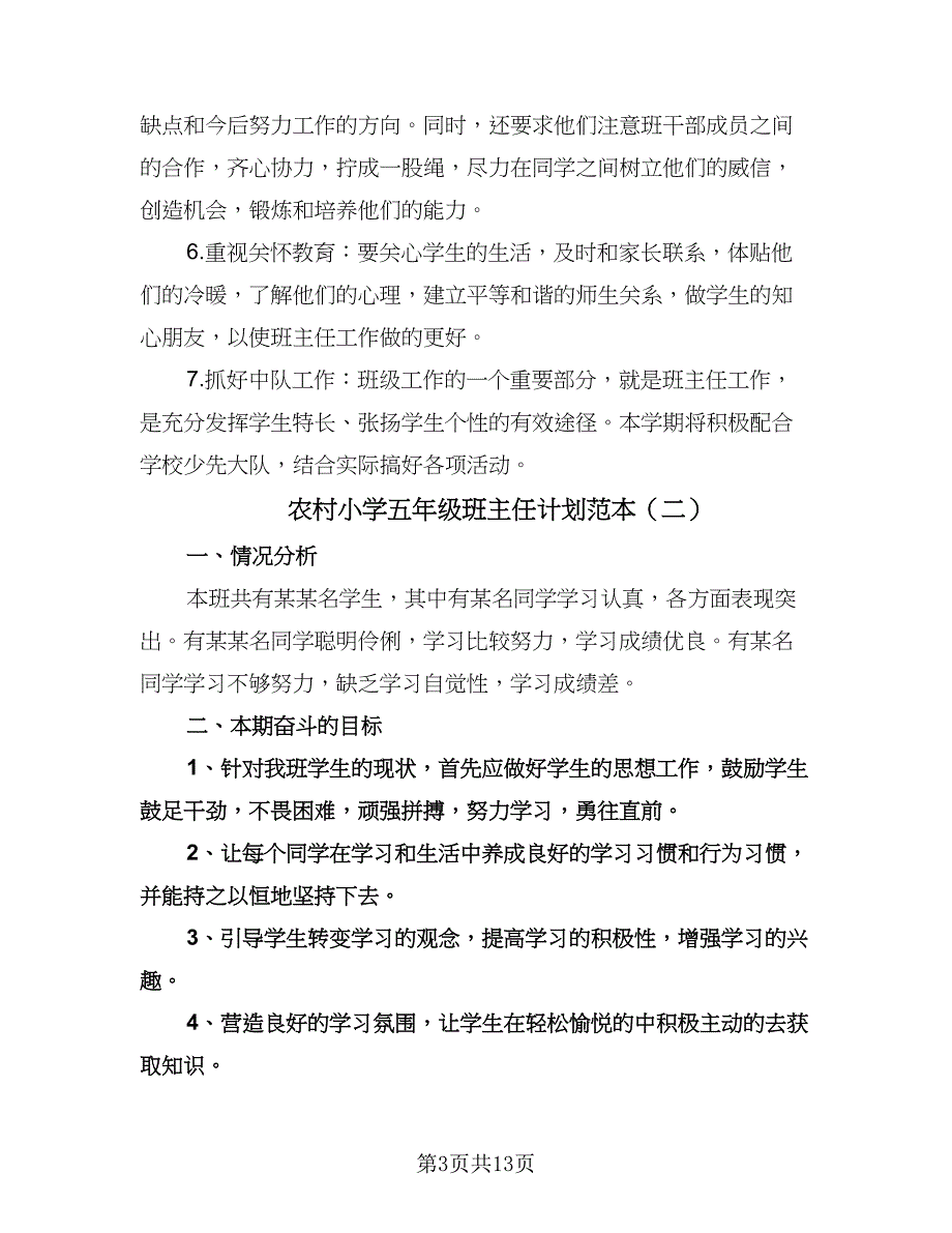 农村小学五年级班主任计划范本（五篇）.doc_第3页