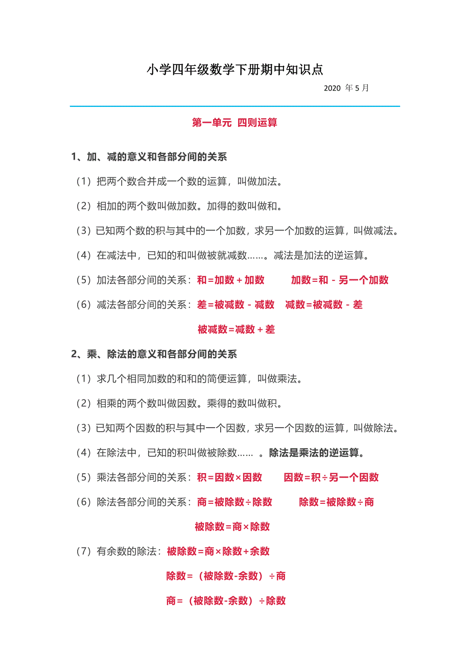 2020年四年级数学下知识点总结_第1页