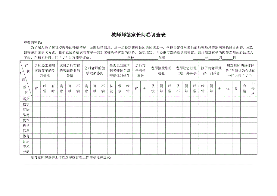 教师师德考核家长、学生问卷调查表_第1页