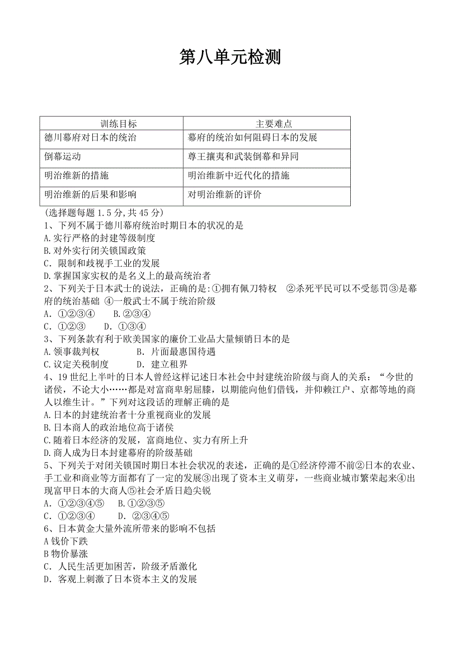 高二历史人教版选修1第8单元检测（有答案）（教育精品）_第1页