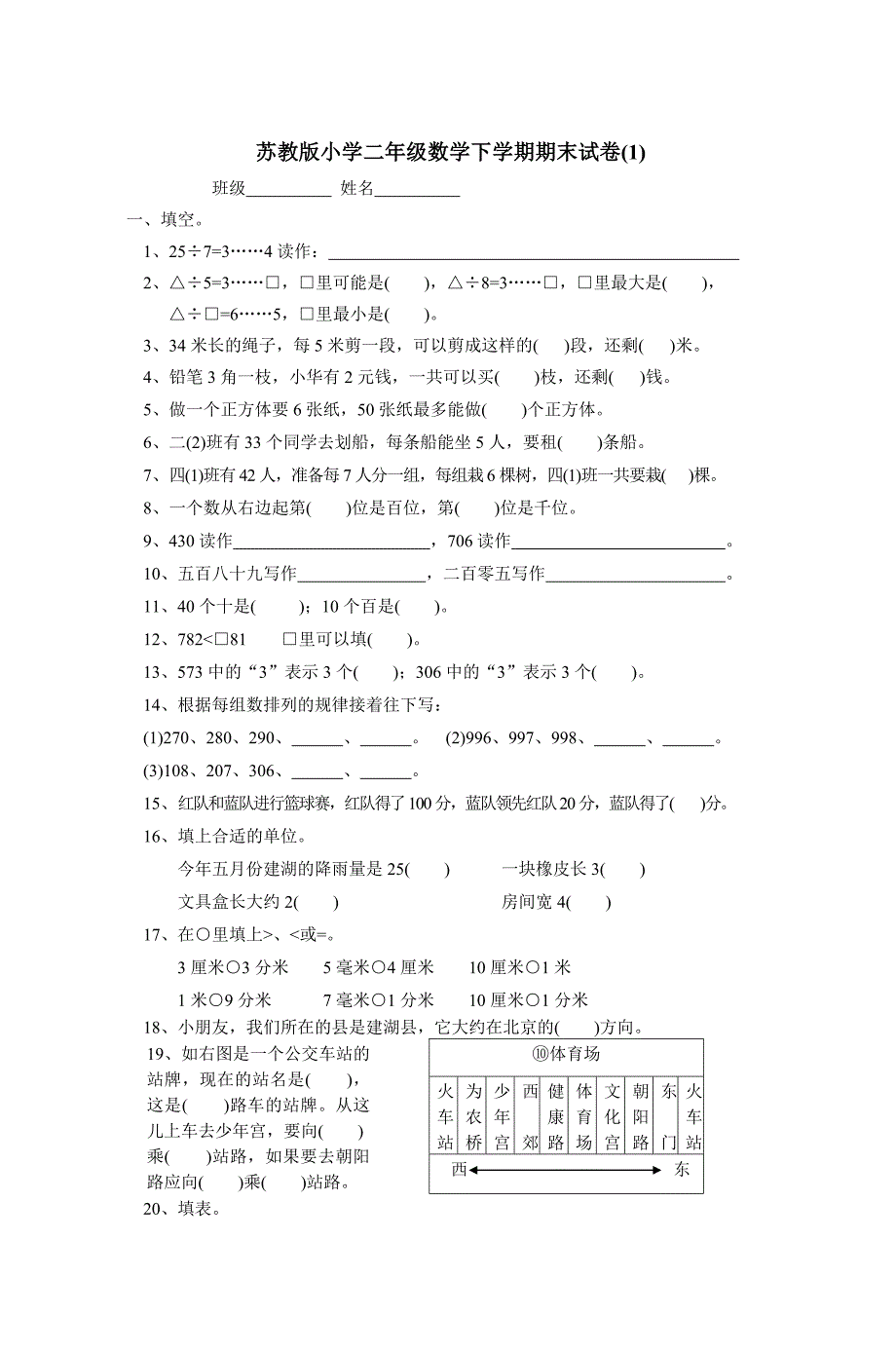 苏教版小学二年数学下册期末试卷共6套_第1页