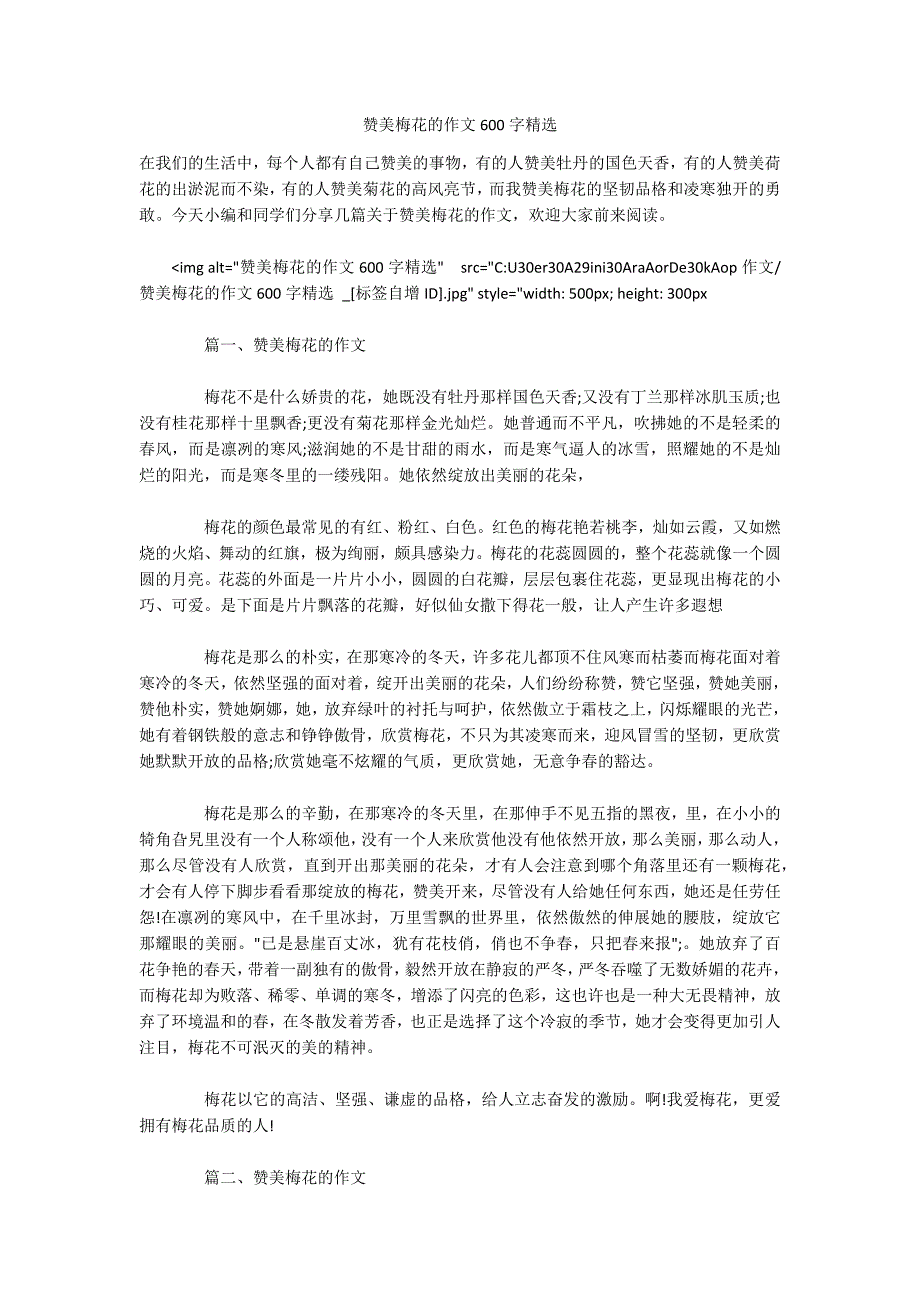 赞美梅花的作文600字精选-.docx_第1页