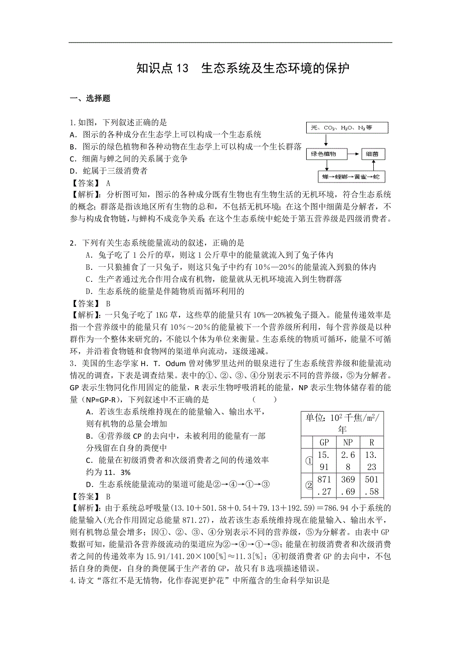 高考名师生物试题：知识点13生态系统及生态环境的保护.doc_第1页