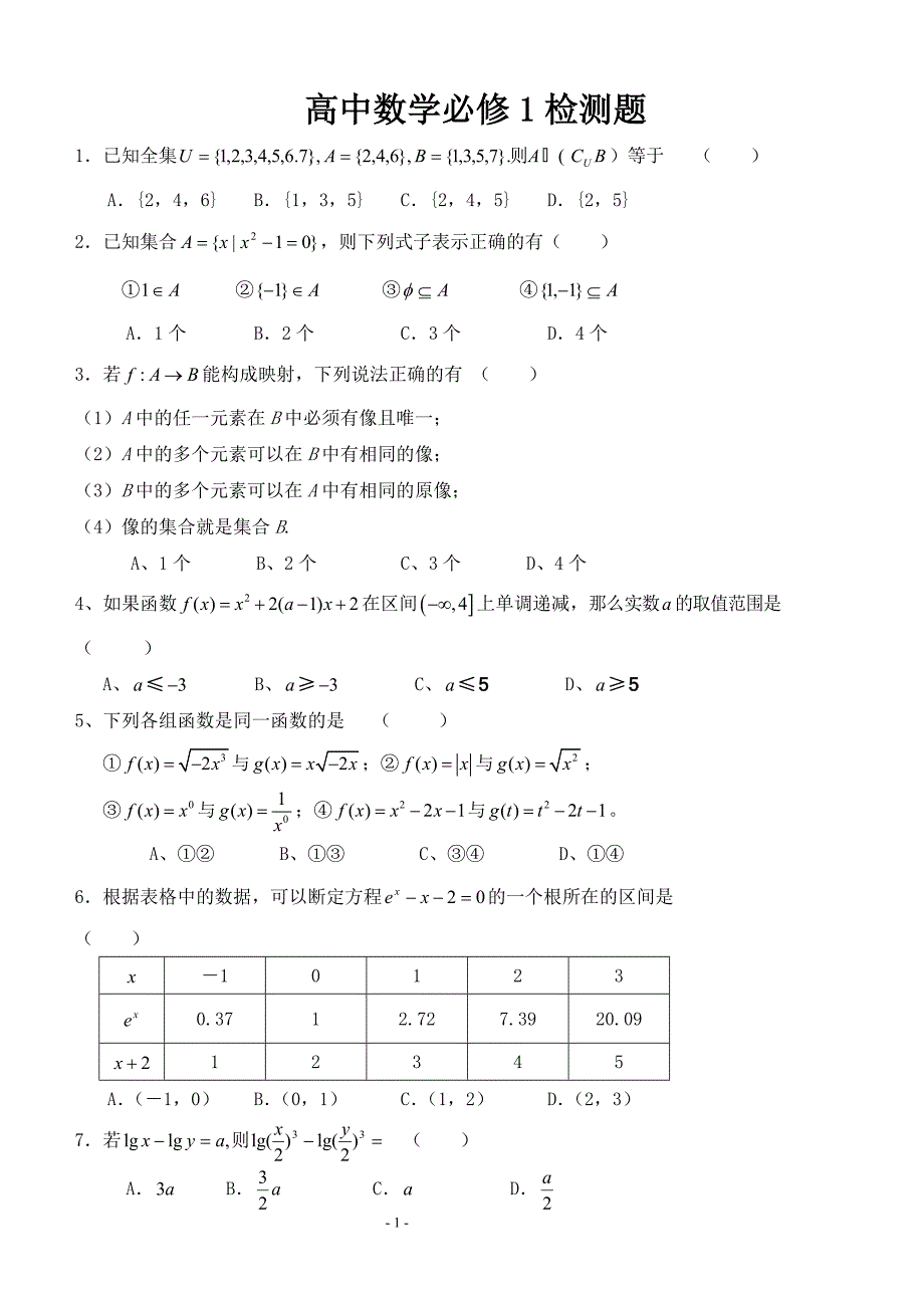 高一数学必修一经典试题_第1页