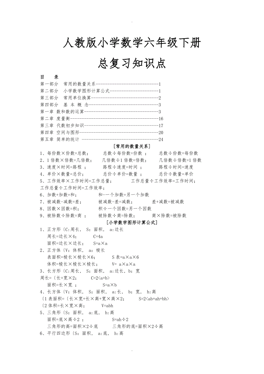 人版小学数学六年级（下册）总复习知识点汇总_第1页