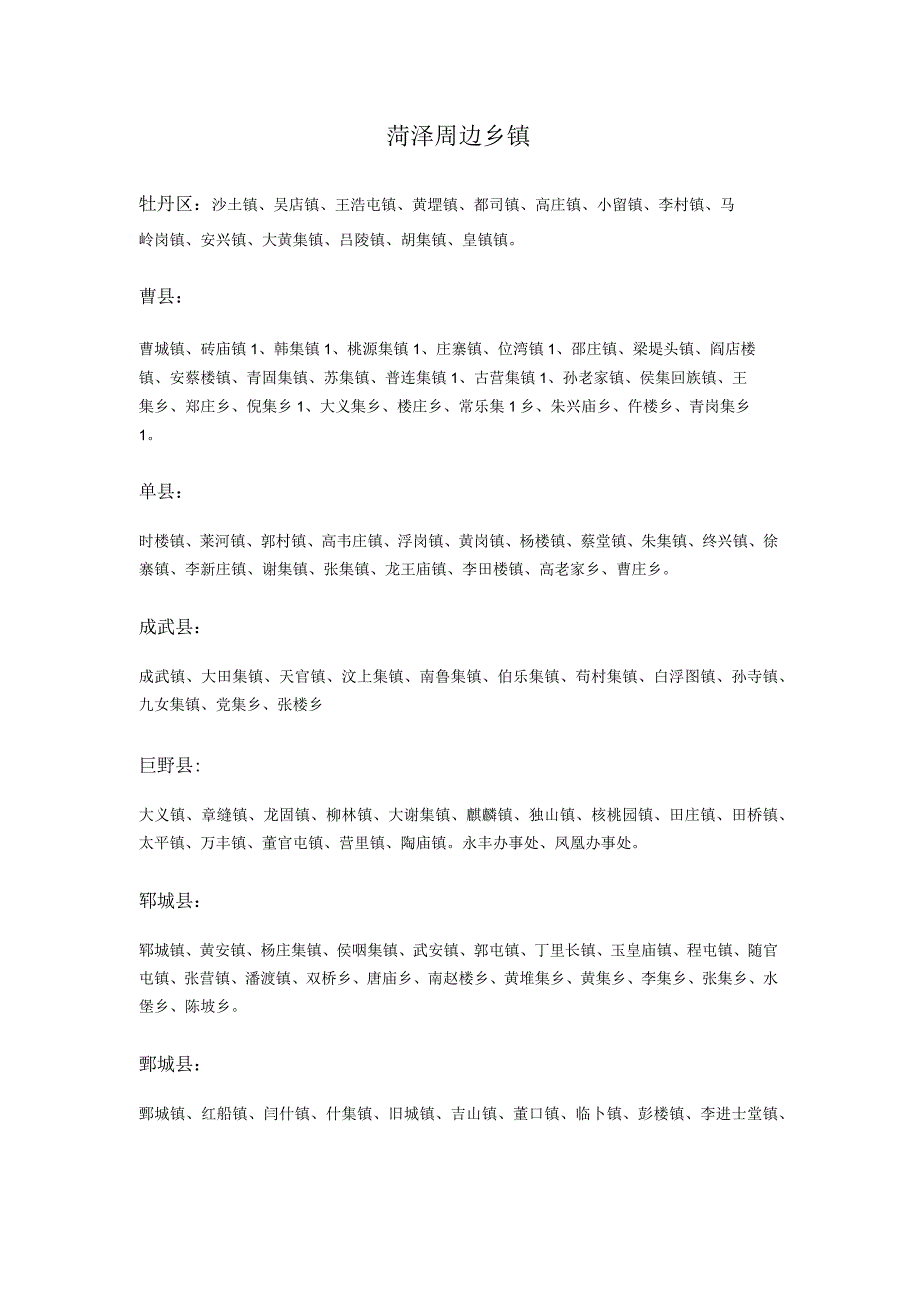 菏泽周边乡镇明细表_第1页