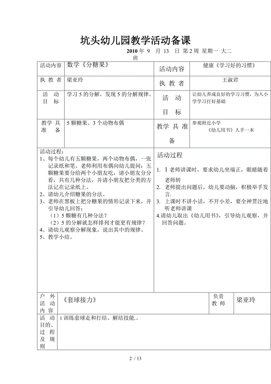 坑头幼儿园2010学年第一学期大二班备课,第2周_第2页