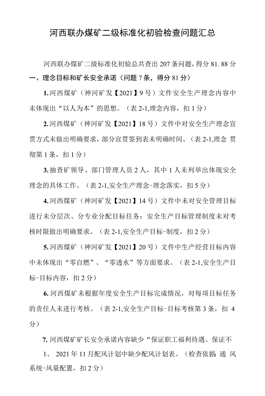 河西联办煤矿二级初验2021.11问题汇总(1).docx_第1页