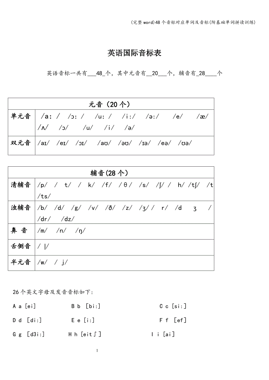 (完整word)48个音标对应单词及音标(附基础单词拼读训练).doc_第1页
