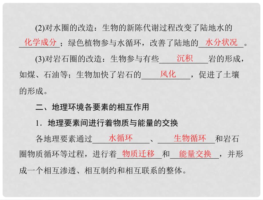 高考地理学业水平测试复习 专题三 考点1 自然地理要素在地理环境形成和演变中的作用 地理环境各要素的相互作用地理环境的整体性课件 新人教版必修1_第4页