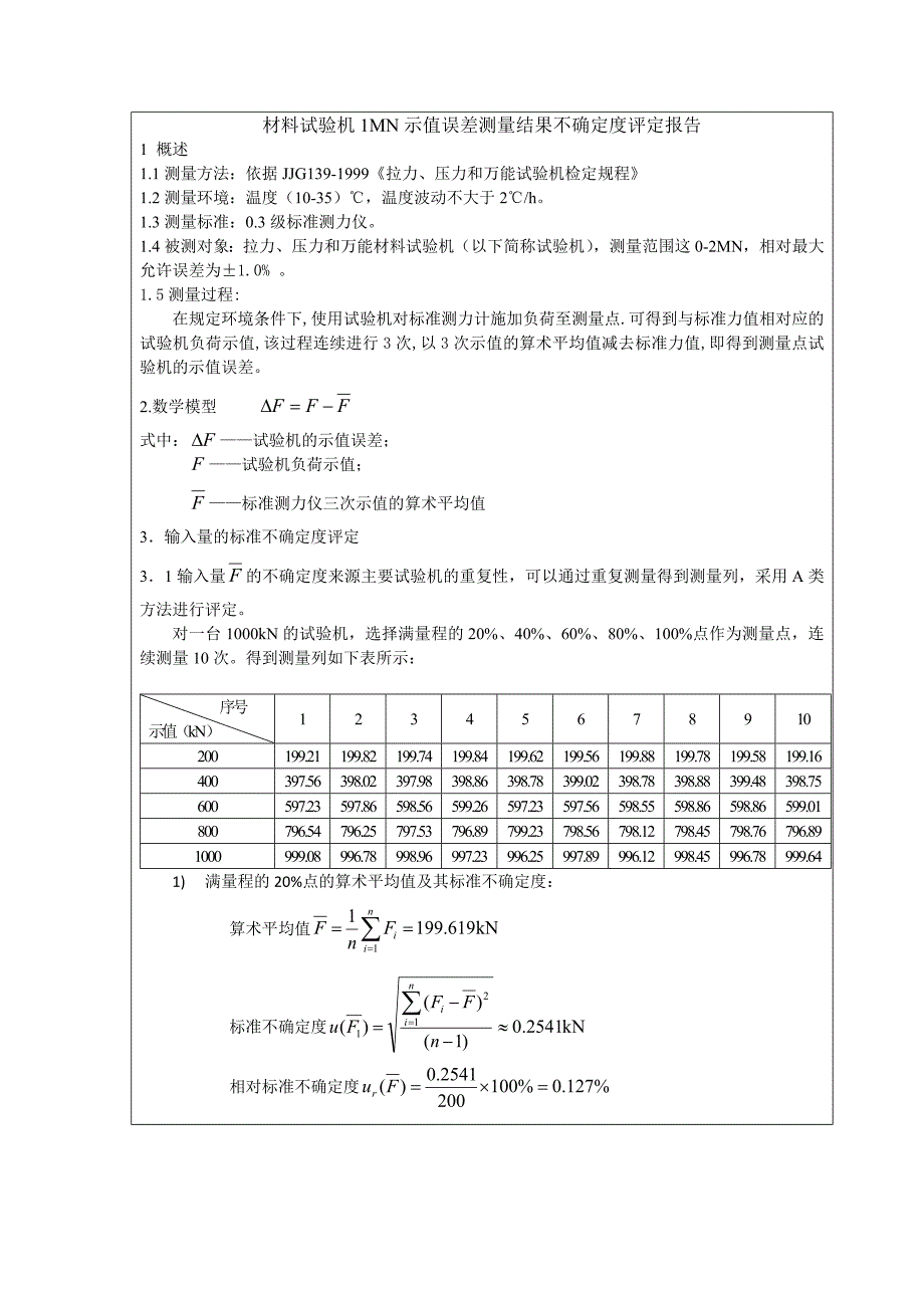 材料试验机1MN示值误差测量结果不确定度评定报告_第1页