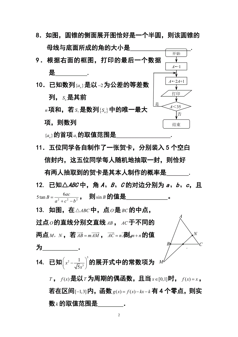 上海市长宁区高三上学期教学质量检测一模文科数学试题及答案_第2页