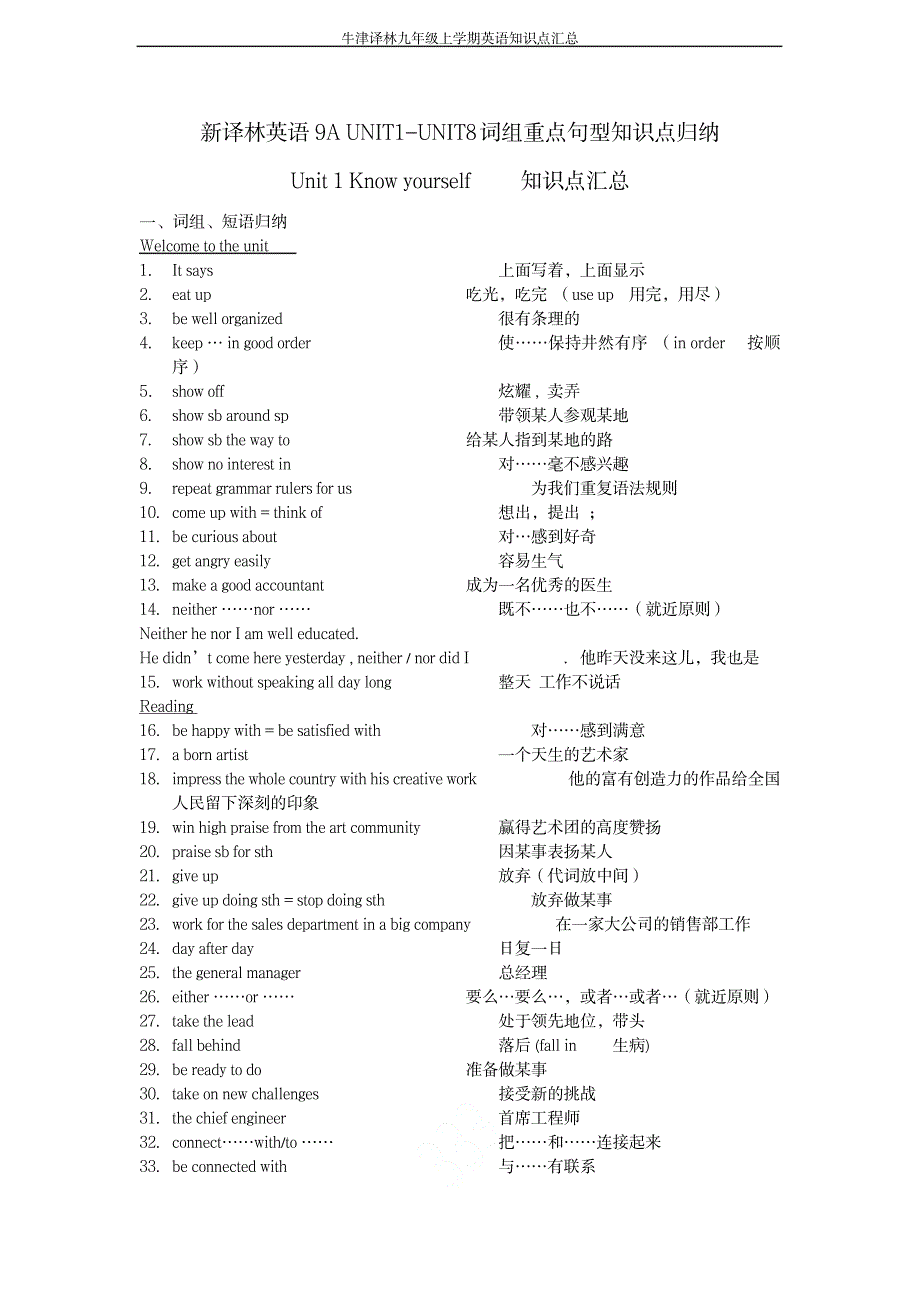 2023年牛津译林九年级上学期英语知识点归纳总结超详细知识汇总全面汇总归纳_第1页