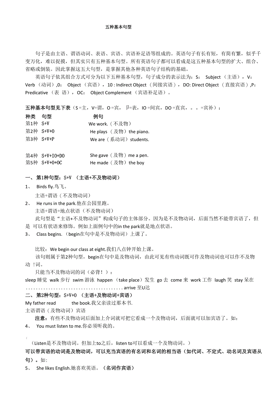 五种基本句型(含练习及答案)_第1页