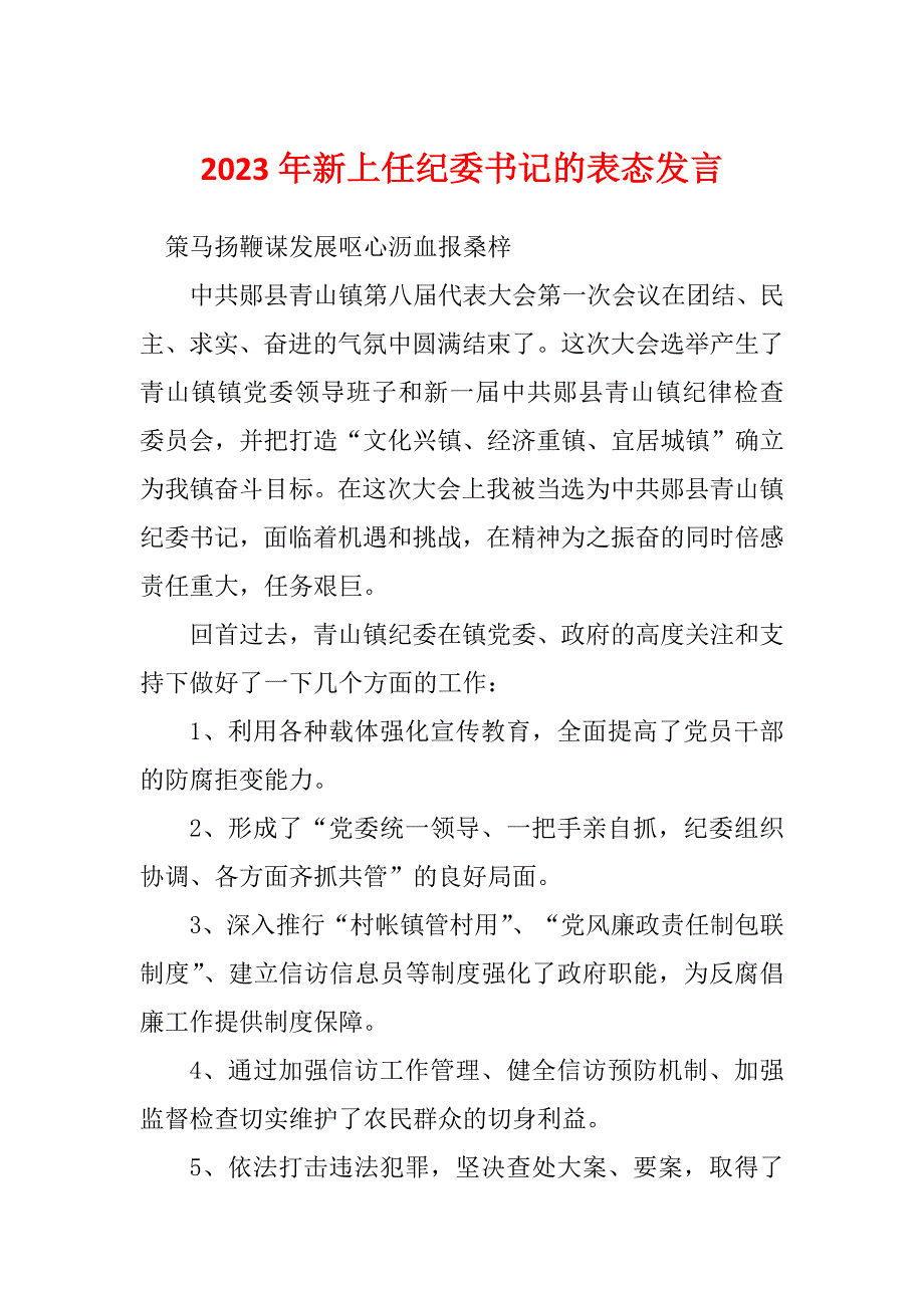 2023年新上任纪委书记的表态发言_第1页