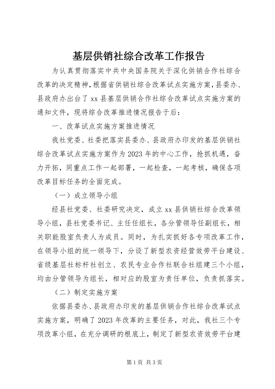 2023年基层供销社综合改革工作报告.docx_第1页