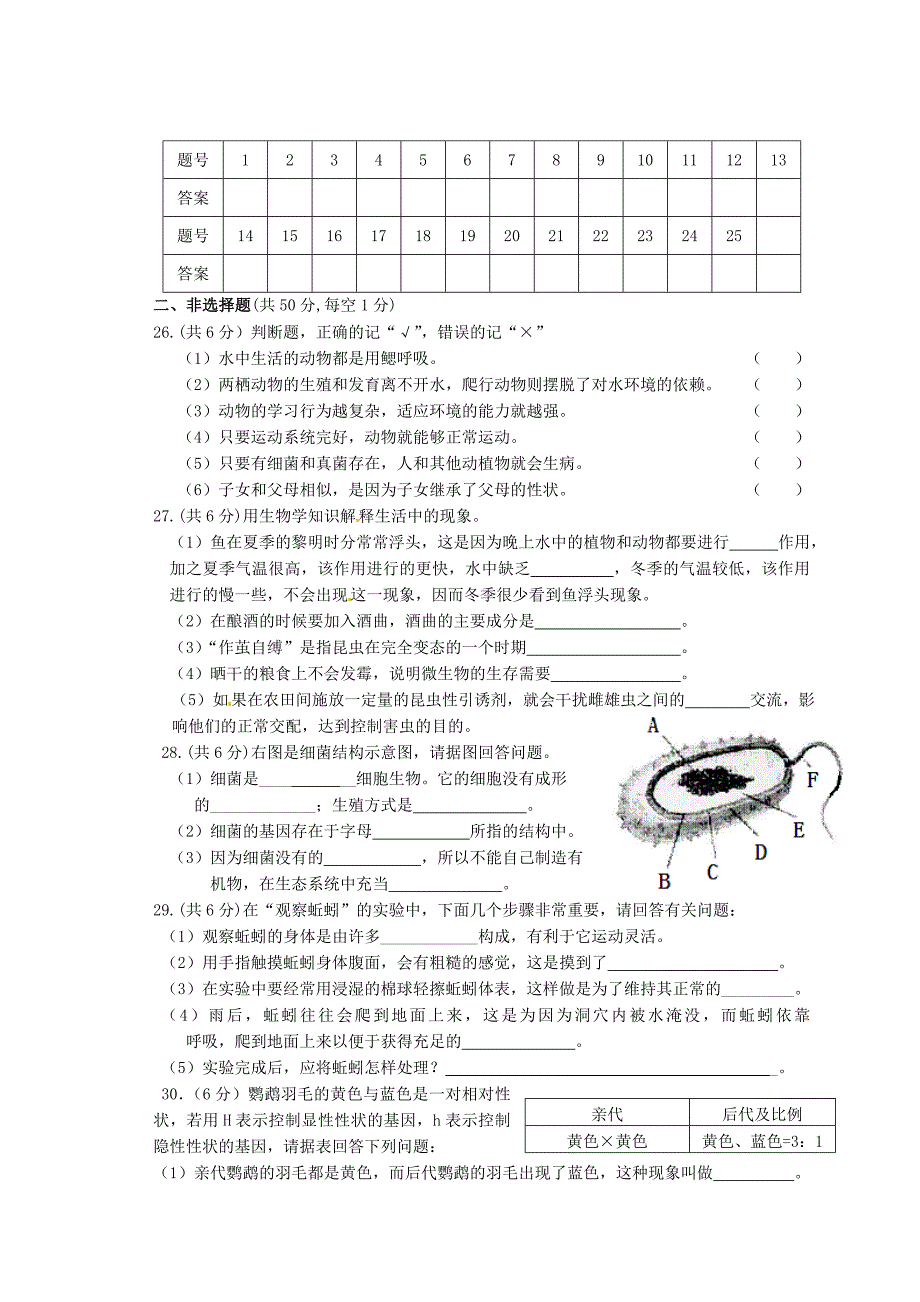 湖南省衡阳市逸夫中学2014-2015学年八年级生物上学期期末考试试题 新人教版_第3页