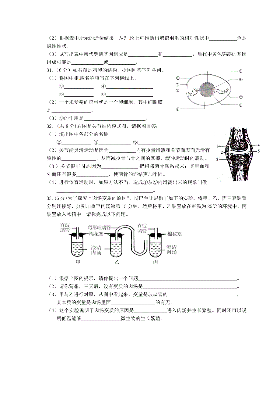 湖南省衡阳市逸夫中学2014-2015学年八年级生物上学期期末考试试题 新人教版_第4页