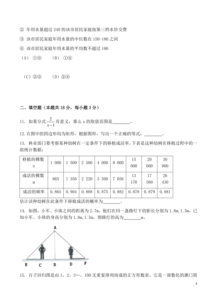 2016年北京市高级中等学校招生考试数学试卷.docx_第3页