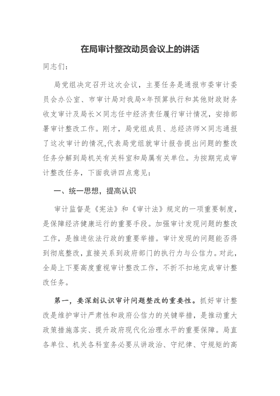 在局审计整改动员会议上的讲话_第1页