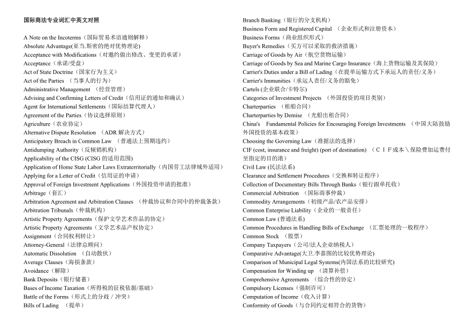 国际商法专业词汇中英文对照表_第1页