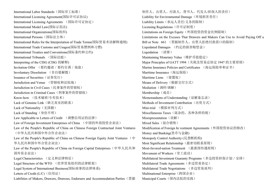 国际商法专业词汇中英文对照表_第4页