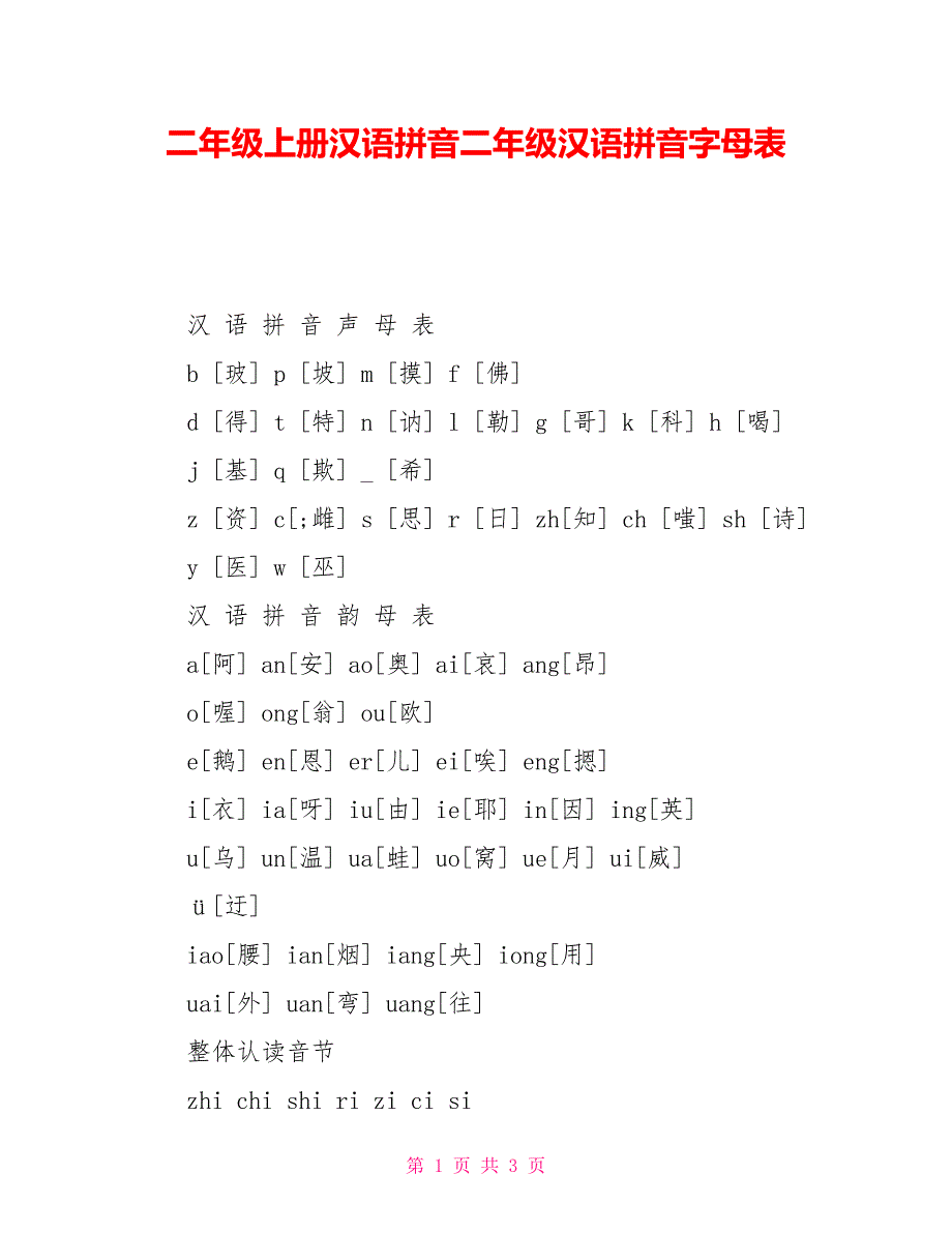 二年级上册汉语拼音二年级汉语拼音字母表_第1页