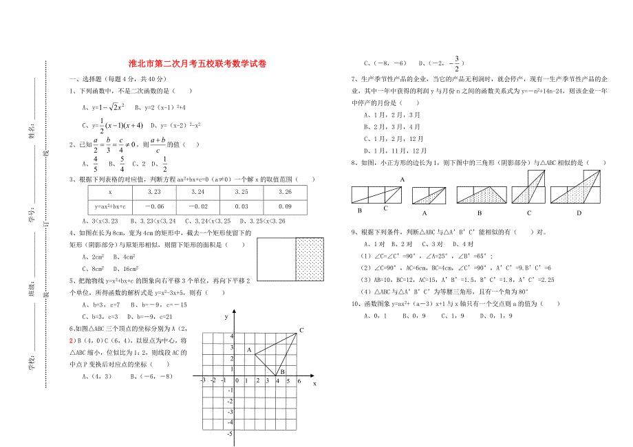 安徽省淮北市西园中学2011届九年级数学五校联考数学试卷 人教新课标版.doc