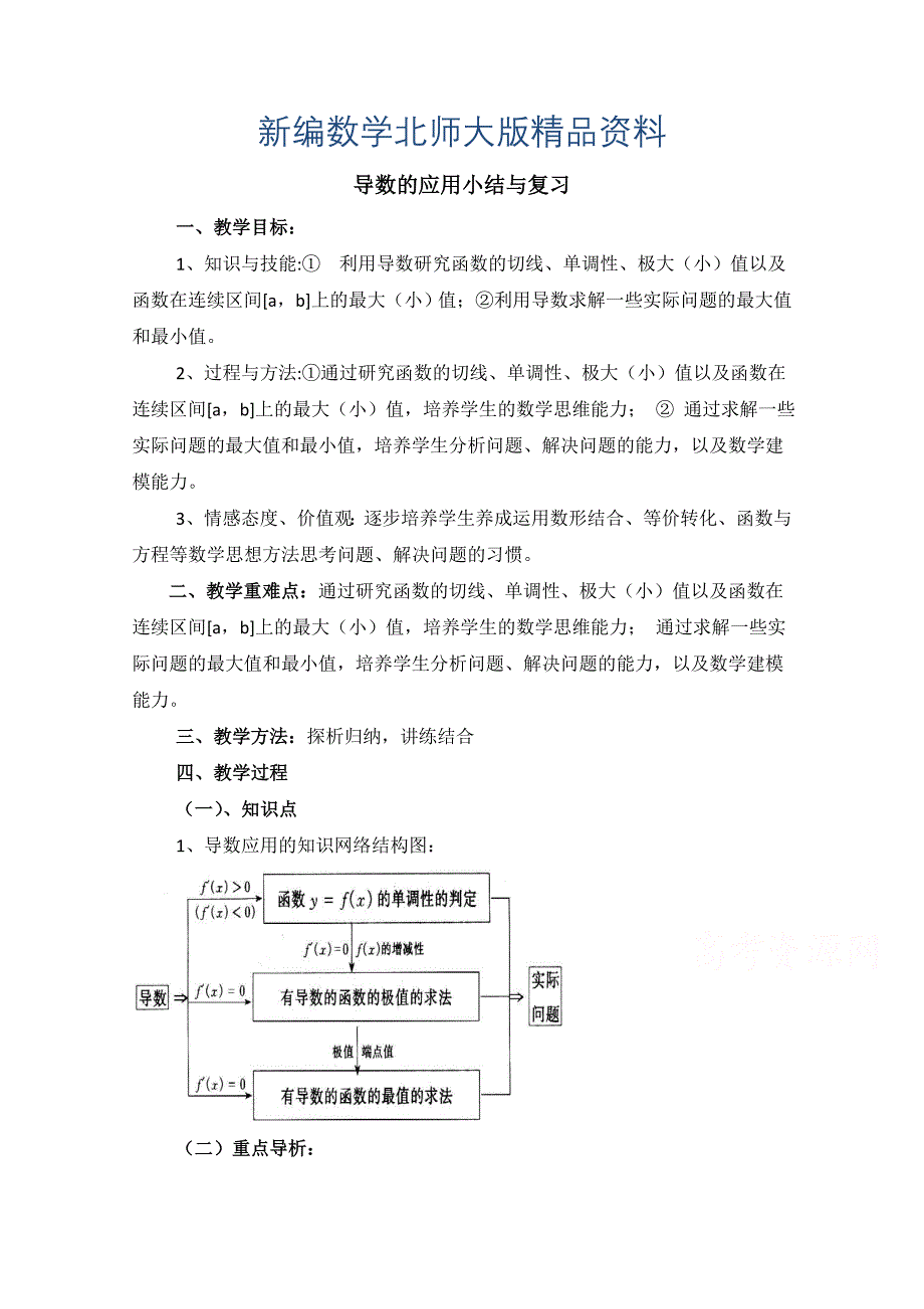 新编高中数学北师大版选修22教案：第3章 导数的应用 复习参考教案_第1页