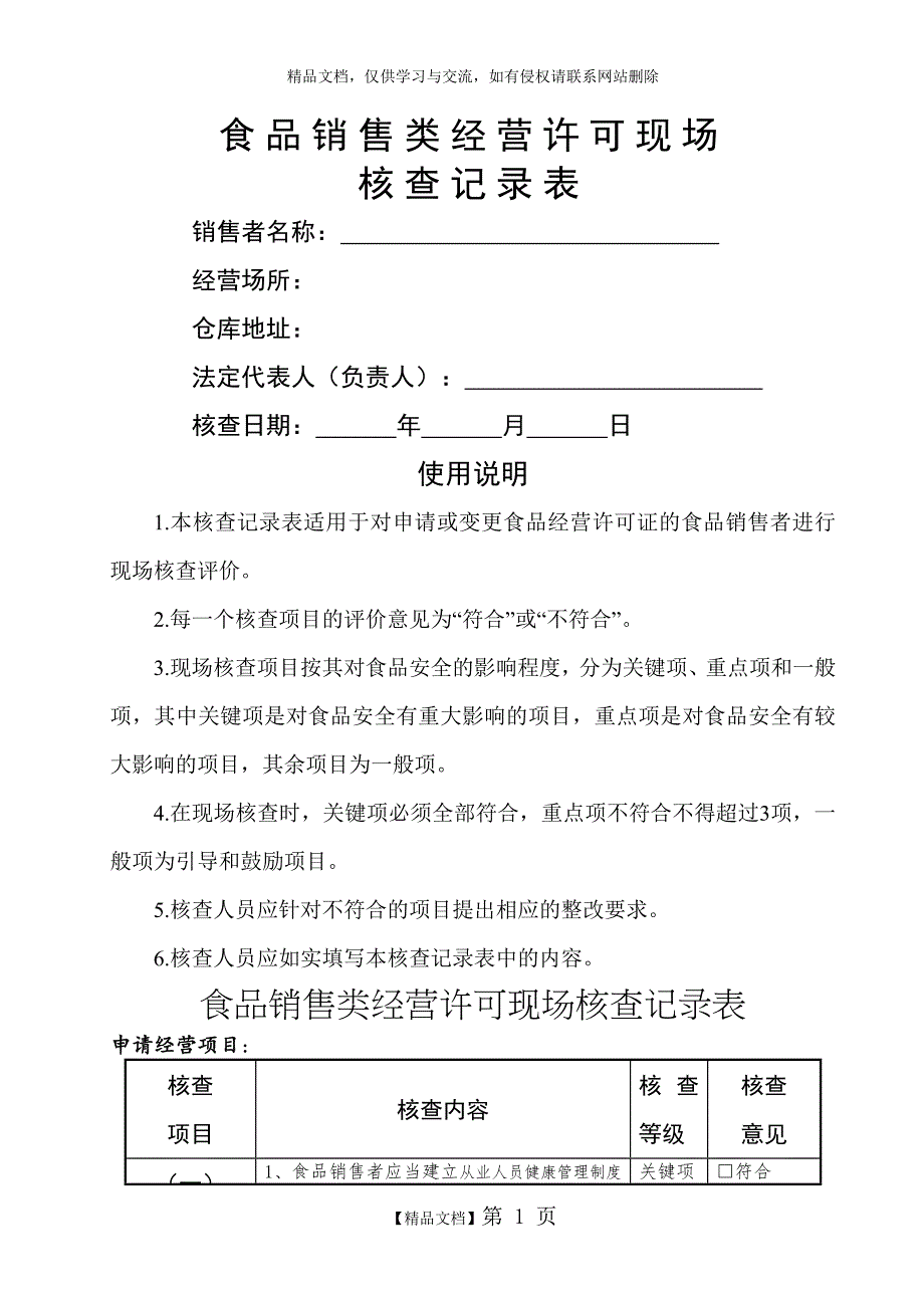 食品经营许可现场核查记录表_第1页