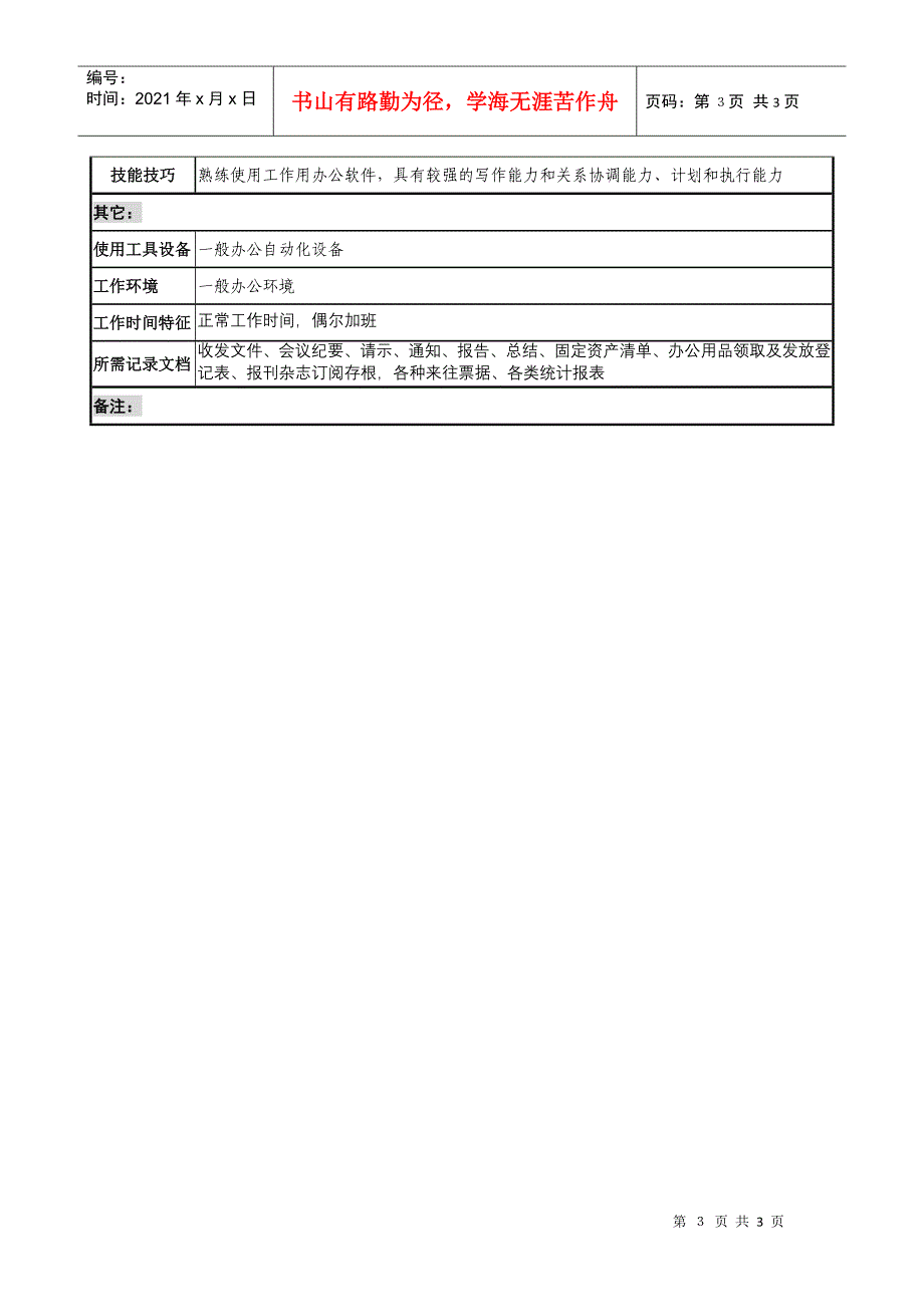 通信行业-枢纽工程建设办公室-综合办文秘岗位说明书_第3页