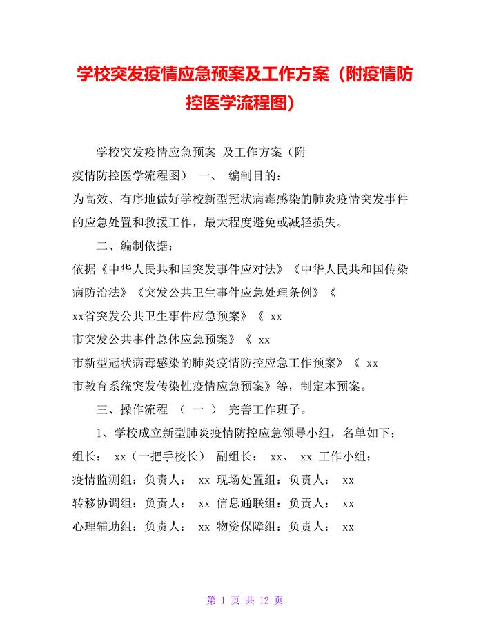 学校突发疫情应急预案及工作方案（附疫情防控医学流程图）
