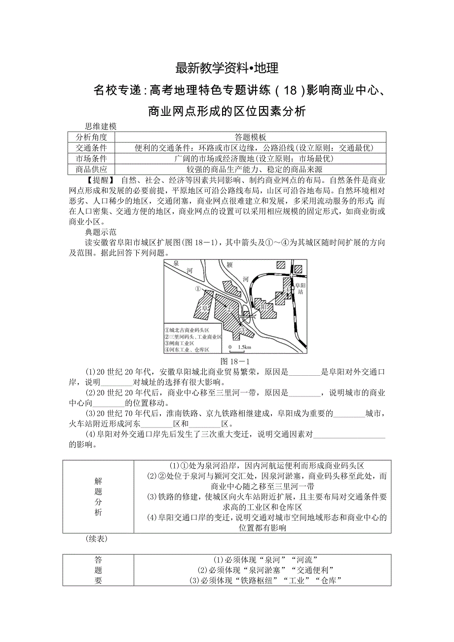 【最新】名校专递：高考地理特色专题讲练18影响商业中心、商业网点形成的区位因素分析_第1页