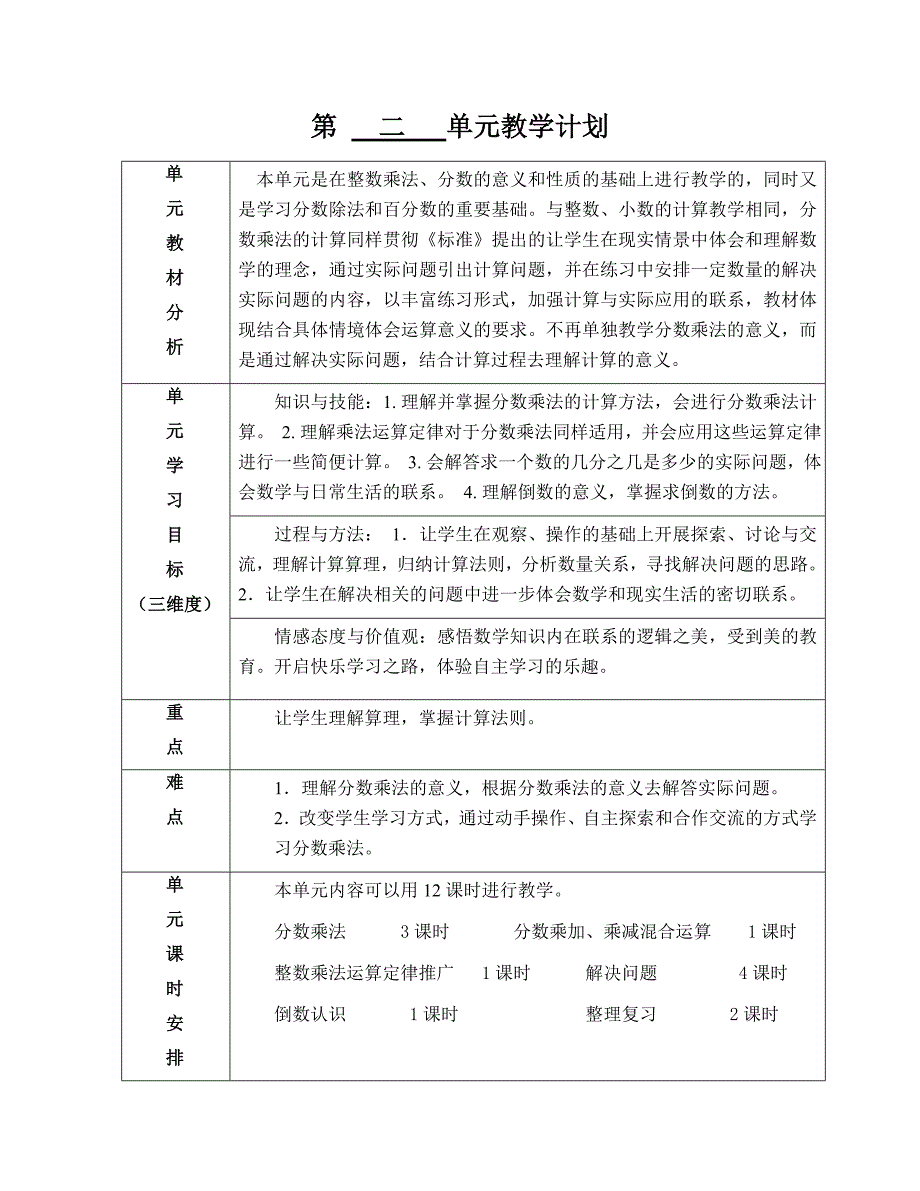 人教版小学数学六年级上册各单元教学计划_第2页