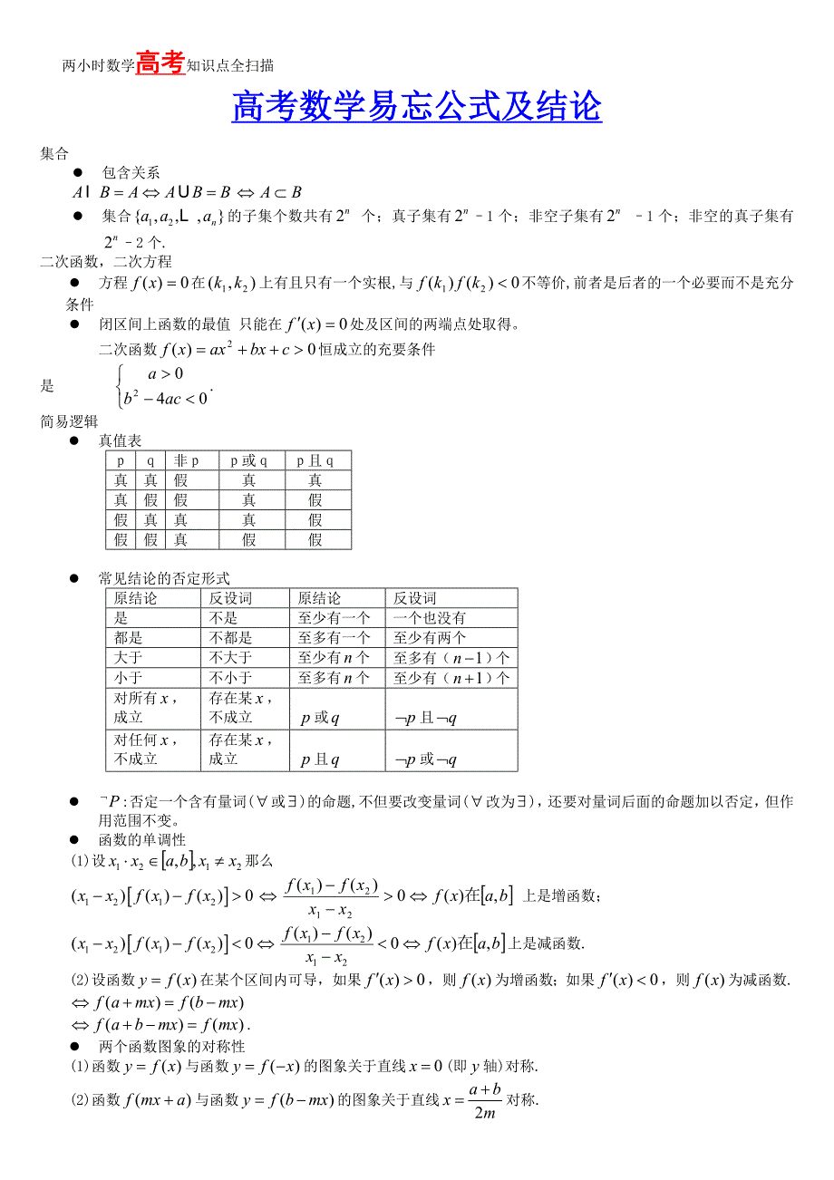 高考数学易忘公式及结论_第1页